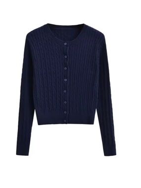 Cable Knit Navy Cardigan Small Women Crewneck Long Sleeve